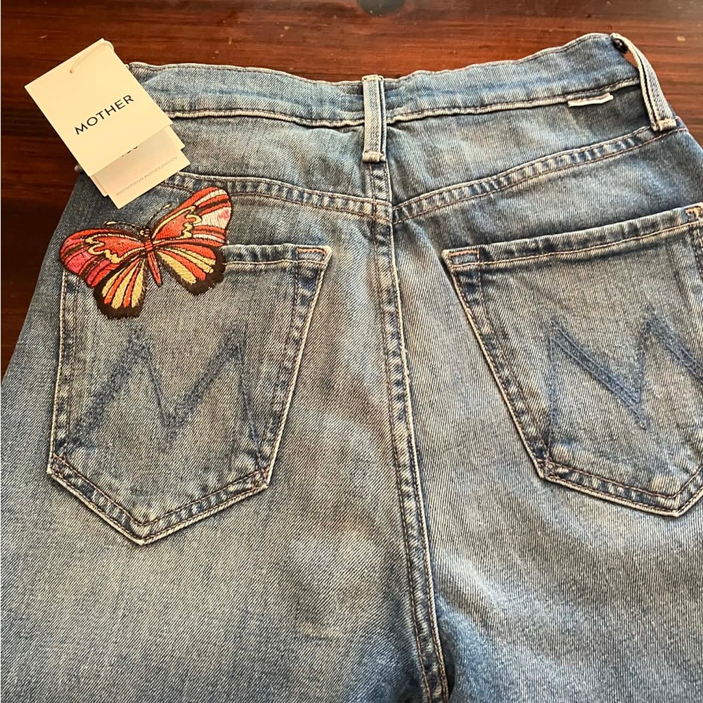 MOTHER High-Rise Light Blue Denim Jeans with Embroidered Multicolor Butterfly